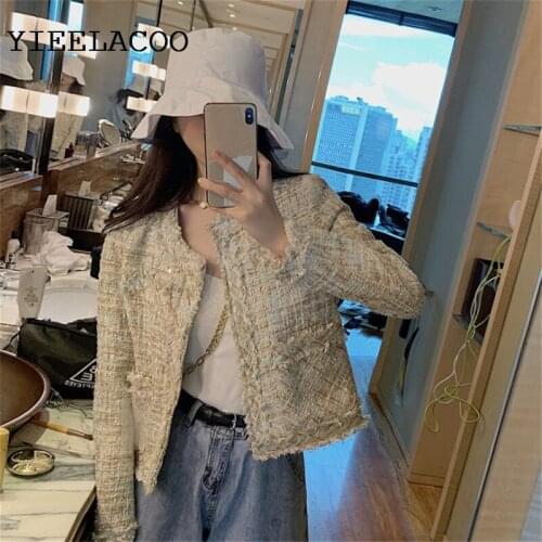 Apricot Tweed Jacket Sequin Fabric Spring and Autumn Womens Jacket Fashion little fragrant style shaggy short coat women retro