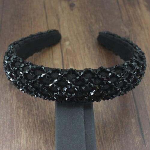Black Fashion Handmade Crystal Pearl Beaded Wide Sponge Hair Band Women Headwear Hair Accessories Headwear Pearl Flower Headband