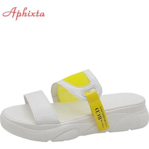 Aphixta 2021 New Summer 4cm Heels Wedge Slides Women Shoes Platform Buckle Mulers Air Mesh Beach Female Flip Flops Slippers
