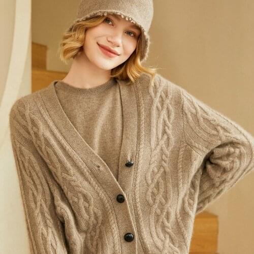 2021 Winter Women Jackets V-neck Loose Cardigans 100% Goat Cashmere Knitted Thicker Sweater for Female Long Sleeve Fashion Tops