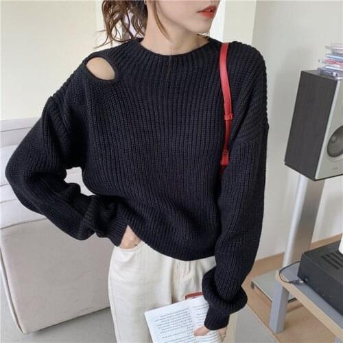Spring Autumn Korean Womens Sweater 2021 New Sexy Hollow Strapless Pullover Loose Short Lazy Style Outer Wear Sweater Feminine