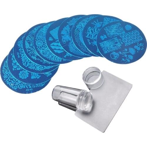 10 Pcs Stamping Plate + Clear Silicone Stamper + Scraper Nail Art Image Stamp Tool Manicure Template WH998
