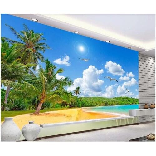 3d wallpaper custom photo Seaside beach coconut tree blue sky white cloud scenery decor living room wallpaper for walls 3 d