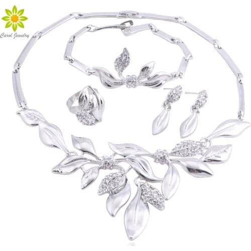 Unique Design African Fashion Costume Leaves Shaped Necklace Earrings Sets Silver Plated Wedding Bridal Costume Jewelry Sets