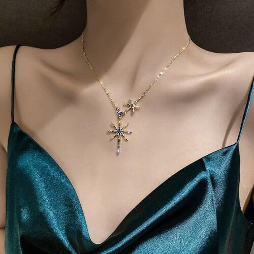 Korean Fashion Gold Color Chains Choker Collares Blue Crystal Star Pendant Necklaces for Women Trendy Kpop Neck Jewelry MS386