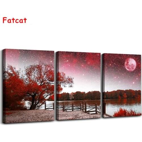 Mangrove Moon Starry Red Landscape Painting Triptych Diamond Painting Car 5D DIY Embroidery Cross Stitch Kits 3pcs set PP1352