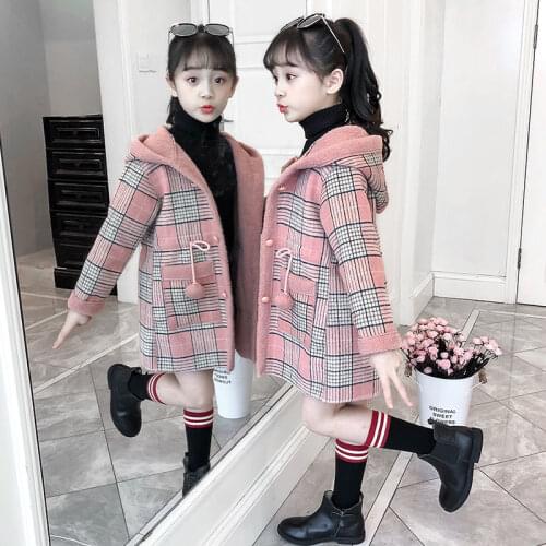 2021 Fashion Plaid Girls Jacket Autumn Winter Clothing Popular Style Childrens Woolen Coat Kids Girls Clothing 3-12 Yrs