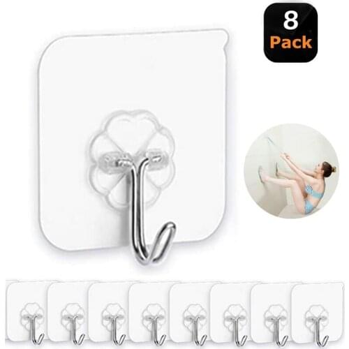Wall Hooks Strong Reusable Seamless Hooks Waterproof and Oilproof Bathroom Kitchen Heavy Duty Self Adhesive Hooks Transparent