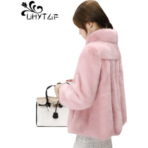 UHYTGF New luxury mink fur winter fur jacket womens fashion Faux fur short coat Stand collar slim Female jackets Plus size 1133