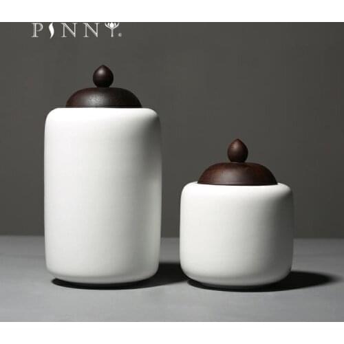 PINNY Matte White Porcelain Tea Jar Ebony Cover Pigmented Ceramic Tea Caddy Chinese Kung Fu Tea Accessories Storage Containers