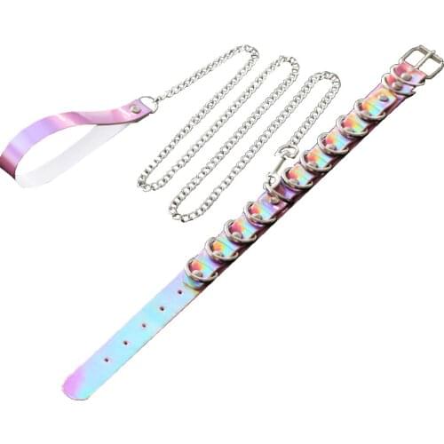 Exaggerated laser leather collar traction rope D - shaped multi - semicircle sexy bright color luminous chain neck chain