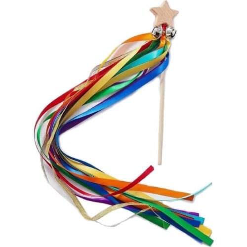 D7WF Sensory Ribbon Ring Ribbon Sensory Toy Rainbow Hand Bells Hand Kite Natural Wood Loop Toy Colorful Montessori Toys