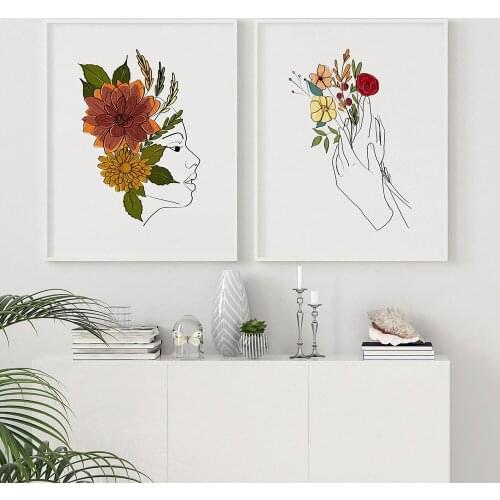 Modern Abstract Woman Head And Hand of Flowers Line Picture Nordic Art Set Poster and Print for Living Room Home Decor
