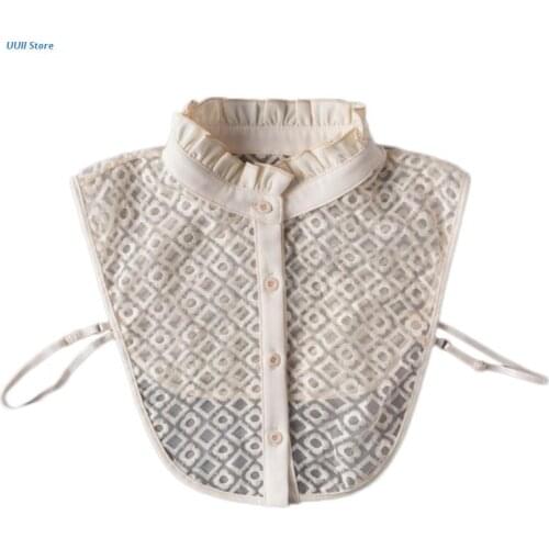 Women Ruffled Lace False Collar Plaid Square Floral Embroidery Half Shirt Dickey