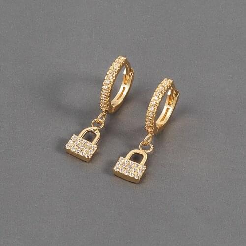 Lock shape Pendant Hoop Earrings for Women Micro-Inlaid Zircon Dangle Earrings Personality Crystal Ear Decoration Jewelry M4