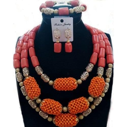 4UJewelry 12-13mm Coral Beads Crystal Beaded Big Balls African Jewelry Set With Gold Divider 3 Layers Bridal Jewellery Set 2019