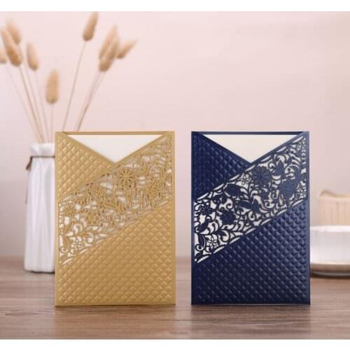 50pcs Blue Gold Laser Cut Flora Wedding Invitations Card Lace Rose Greeting Cards Customize Birthday Wedding Party Decoration