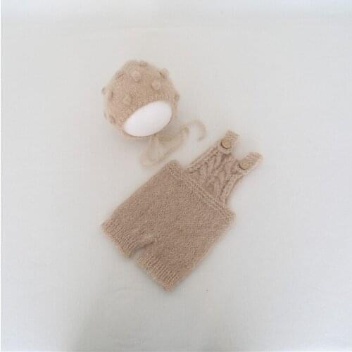 Beige Newborn Rommer Bonnet Set Photography Props Baby Knit Mohair Outfit Newborn Overall For Photo Shoot