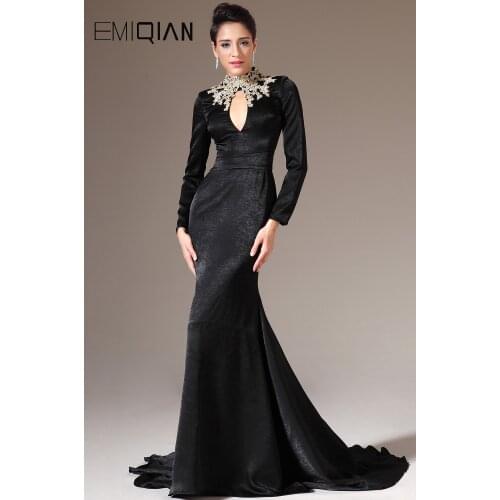 High Neck Long Sleeves Black Mermaid Evening Dresses with Gold Applique