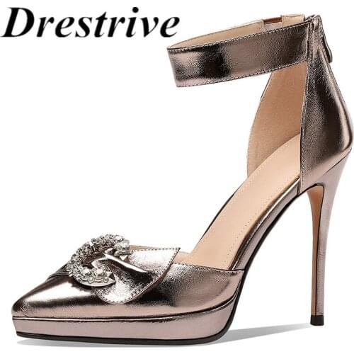 Drestrive Women Pumps Patent Leather Pointed Toe Knot Crystal Zipper 2021 Summer Thin High Heel Shoes Platform Sandals
