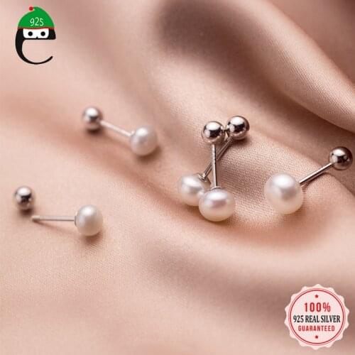 ElfoPlataSi Real 925 Sterling Silver Freshwater Pearl Beads Screw Stud Earrings For Women Wedding Mothers Day Jewelry DA2004