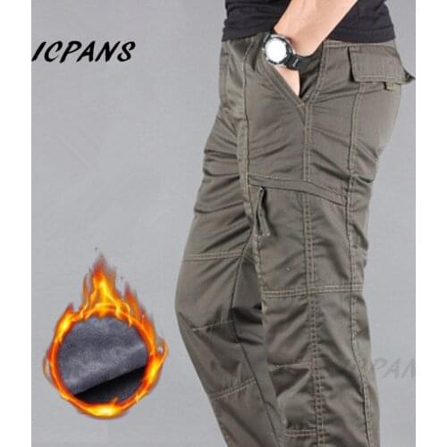 Fleece Cargo Pants Men Casual Thicken Work Men Trousers Military Tactical Army Black Winter Pants Men Side Zipper