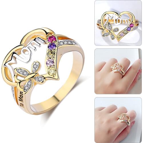 Top Quality Mothers Day Gift Mom Hollow Out Design Love Heart Butterfly Crystal Ring Women Trendy Mothers Day Jewelry Gifts