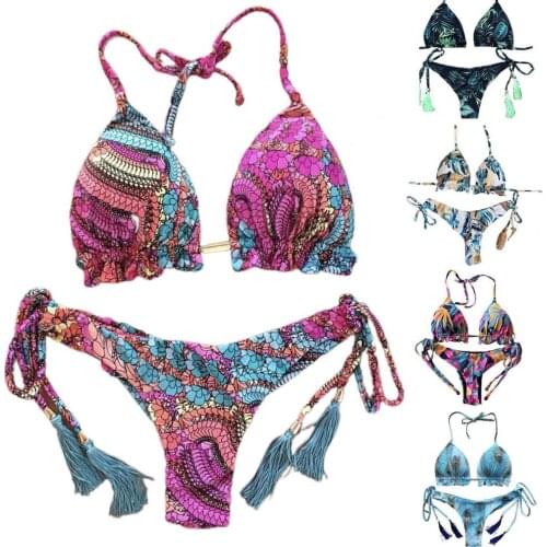 Women Floral Print Pattern Push Up Halter Bra Briefs Leisure Two Piece Set Bikini Set Swimsuit for Swimming Travel Beach Wear