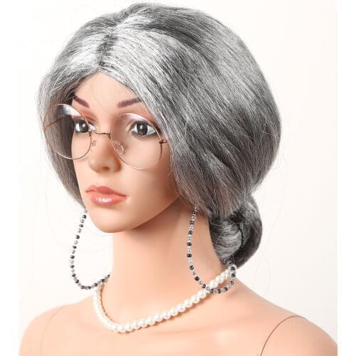 Adult Fancy Cosplay Old Lady Accessory Masquerade Party Dress Up Grandmother Grey Hair Wig Necklace Eyeglasses Set for Halloween