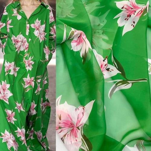 145cm Width Green Back Lily Flower Printed Thin Chiffon Fabric For Woman Summer Dress Blouse DIY Cloth Sewing
