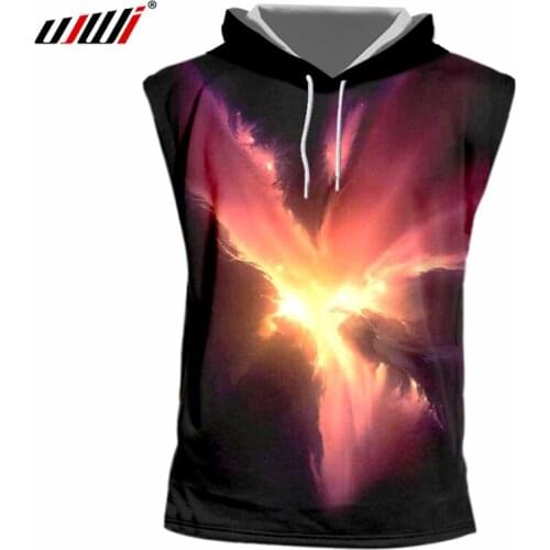 UJWI Mens T-shirt 2018 Summer 3D Print Red Cloud Sleeveless Hoodies Homme Hip Hop Streetwear Tshirts With Cap Fitness Shirts