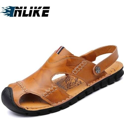 Men Sandals Genuine Leather Summer Sandals Men Breathable Flat Sandals
