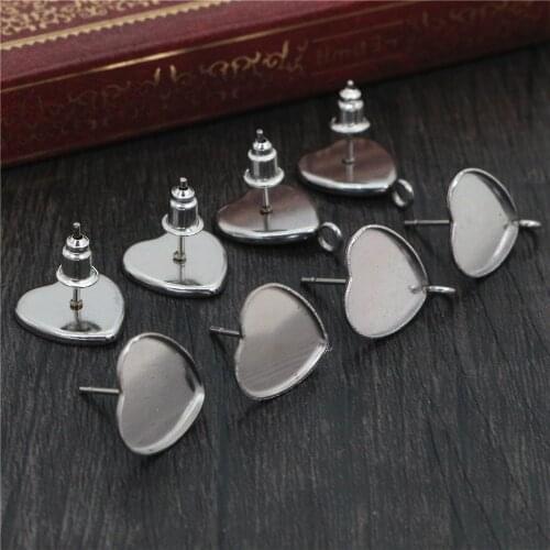 No Fade ) 12mm 20pcs Stainless Steel Heart Style Earring Studs,Fit 12mm Heart Glass Cabochons,Buttons;Earring Bezels