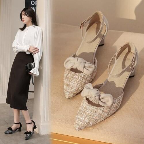 The New version of thick heel cross strap single shoes women 2020 summer suede sexy rhinestone pointed heels black beige
