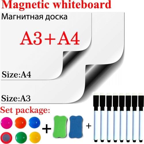 Size A3+A4 Whiteboard Fridge Sticker Magnetic Dry Erase White Board School Message Board Gift 8 Black Pen 2 Eraser 6 Tacks