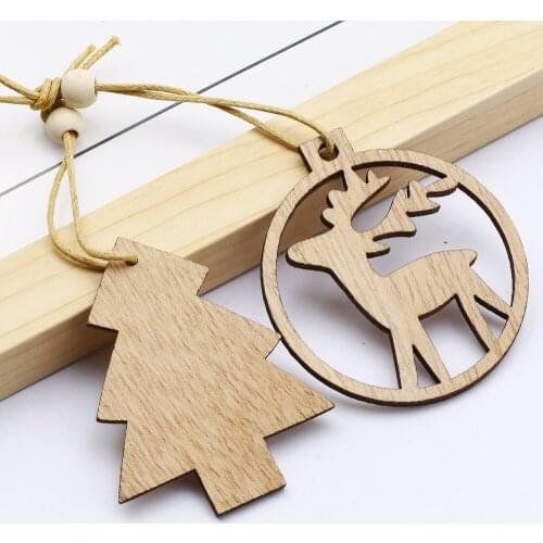 With Rope 12pcs Natural New Year Christmas Wooden Pendants Christmas Tree Hanging Ornaments Deer Craft Scrapbook Accessories