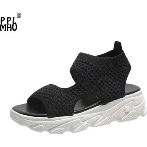 Sports Sandals Womens 2021 Summer Breathable Flying Mesh Fish Mouth Shoes Wild Sponge Cake Thick-soled Increased Casual Sandals
