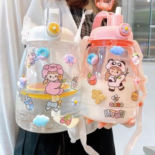 Cute Water Bottle For Girls Kawaii Plastic Water Bottles With Straw Large Capacity Outdoor Sport Double Drink Bottle With Strap