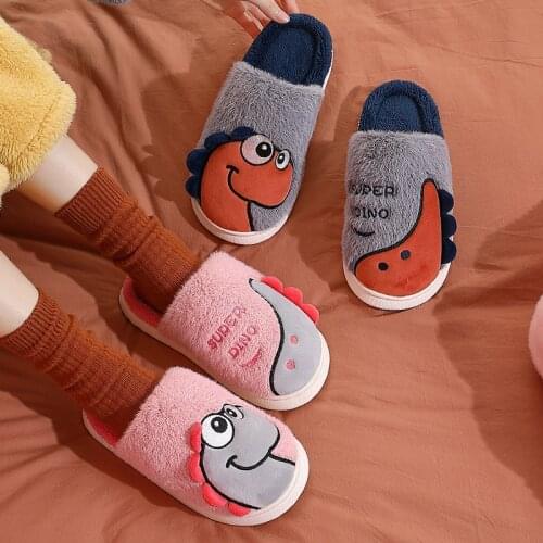 Mens Cotton Slippers Warm Indoor Women Cartoon Dinosaur Fuzzy Slides Plush EVA Thick Home Flat Platform Outdoor Anti-slip Shoes