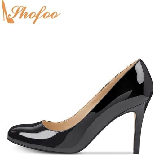 Black Pumps High Thin Heels Women Round Toe Pull On Large Size 14 16 Ladies Summer Fashion Patent Leather Mature Shoes Shofoo