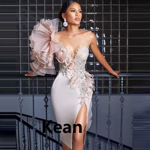 Knee Length High Split Evening Dresses Ruffle Special Occasion robe soiree Islamic Dubai Kaftan Saudi Arabic Boho Prom Dress