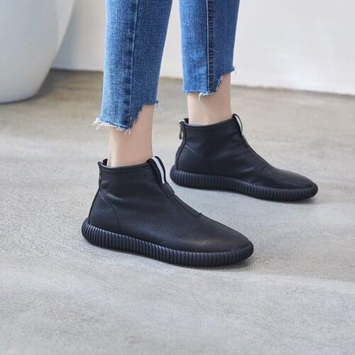 Women Genuine Top layer Leather Round toe Flat Short Ankle Martin Single Boots