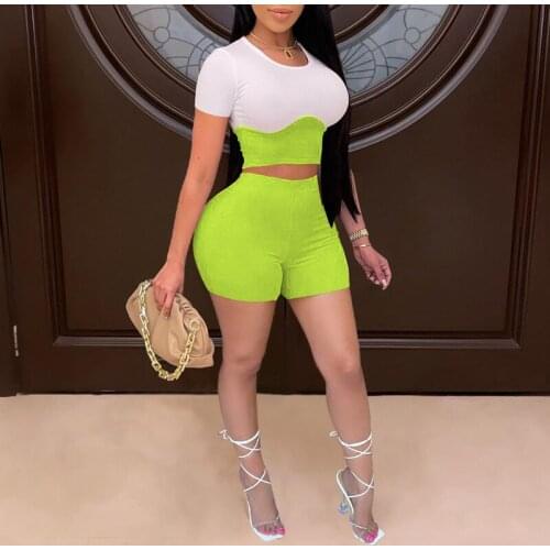 Women Shorts Two Piece Fashion O Neck Short Sleeve T Shirt & Solid Color Skinny Shorts Set Summer Casual Suits