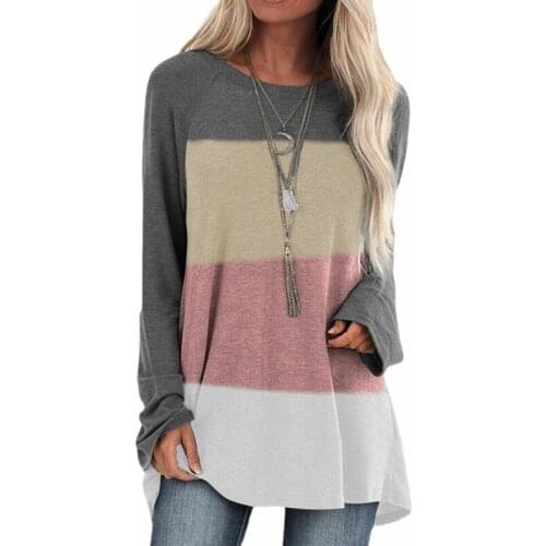 2021 Womens Loose Pullovers Long Tops Ladies Tee Casual Striped Shirts Long Sleeve Top Fashion T Shirt S-5XL