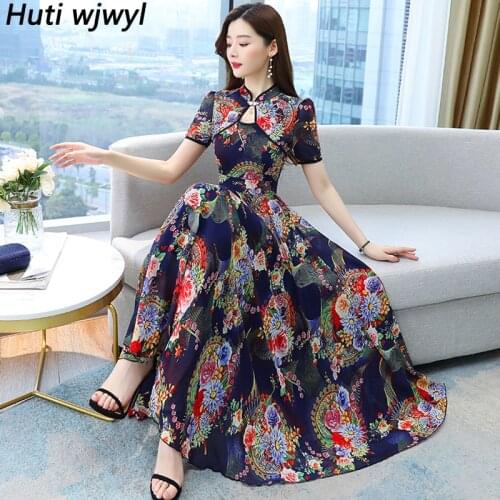 2021 Vintage Print Chiffon Casual Boho Beach Sundress Summer Plus Size Elegant Midi Dress Women Bodycon chic Party Maxi Vestidos