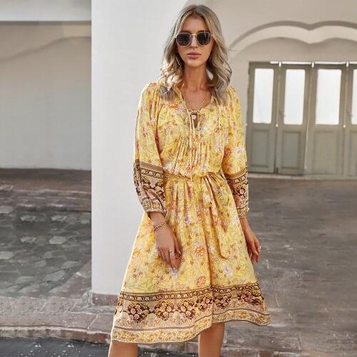 2021 Summer Dress for Women Bohemian Holiday Printed Dress Three Quarter Sleeve A-line Skirt V Neck Slim Summer Clothes S-XL