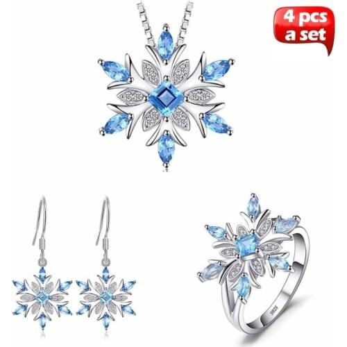 4 Pieces/set Exquisite Blue Stone Snowflake Shape Jewelry Women Ring Dangle Earrings Pendant Necklace