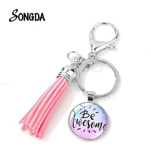 Be Awesome Charm Sweet Tassel Keychain Bible Verse Printed Glass Cabochon Gem Keyring Women Handbag Accessories Handcraft