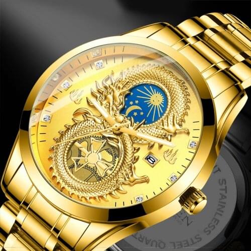 Dragon Phoenix Mens Luxury Business Watch Moon and Star Glow in the Dark Calendar Gold Plated Waterproof A66