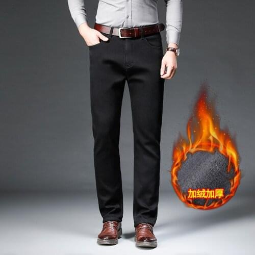 Oversize 29-42 New Winter Mens Warm Fleece Jeans Thicken Denim Pants Black Slim Strech Staight Business Casual Trousers For Men